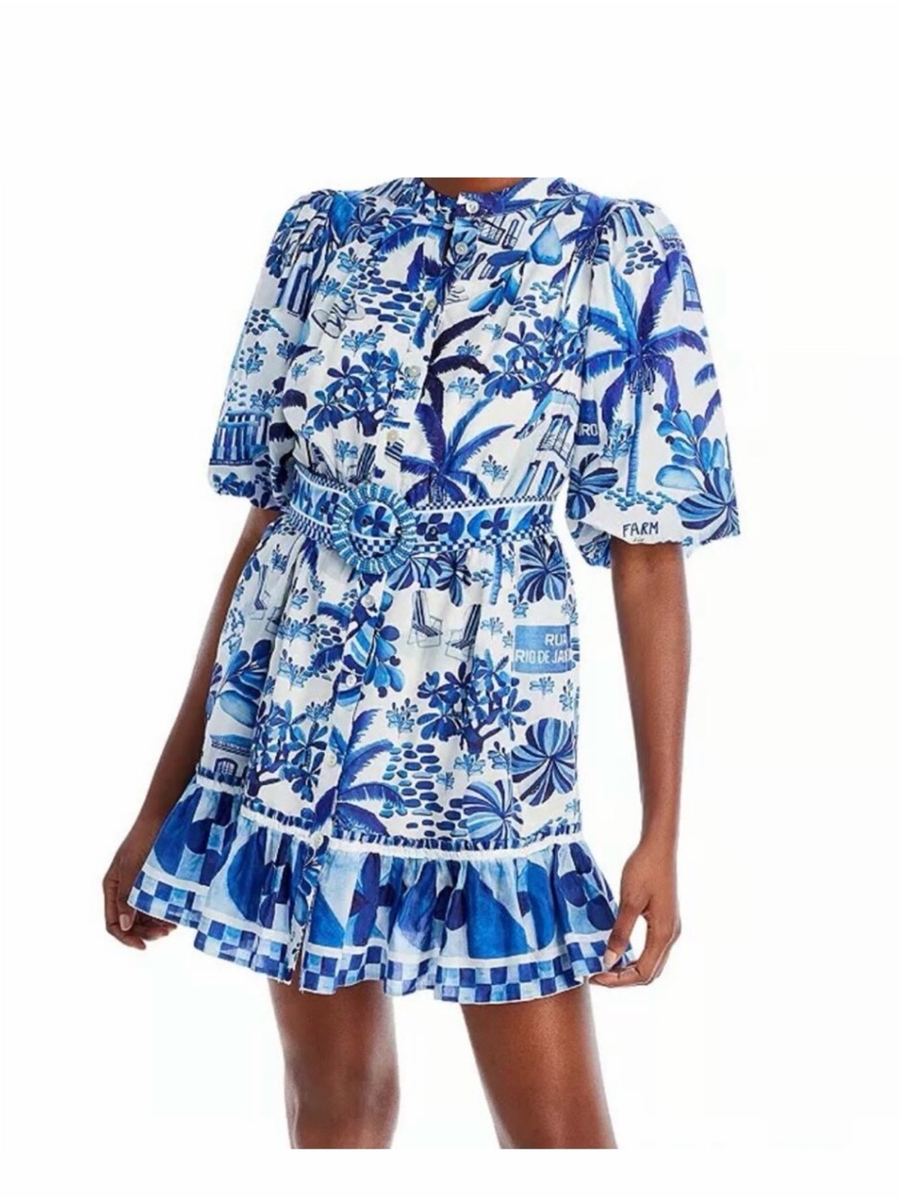 Farm Rio, blue and white mini dress with beaded belts